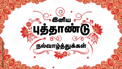 A vibrant and colorful Tamil New Year greeting card with floral designs