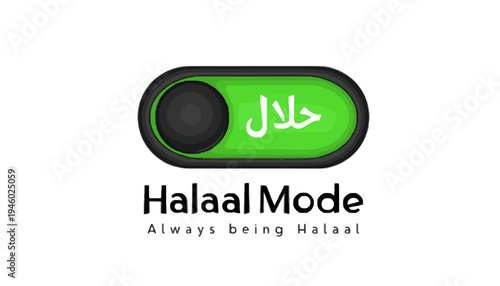 A logo for Halaal Mode with a green toggle switch and Arabic text