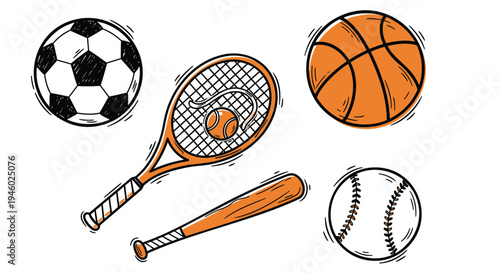 Set of 5 sports icons vector, soccer ball, tennis racket, basketball, baseball bat, baseball