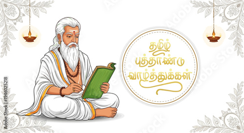 A serene old man in traditional Indian attire holding a green book