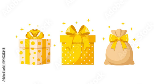 Three beautifully wrapped gifts with yellow ribbons and bows