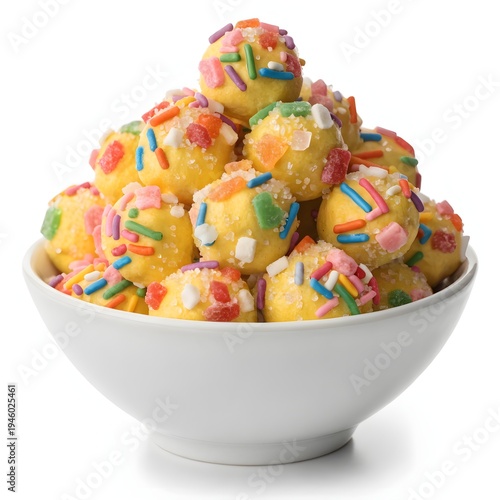 Small Yellow Candy Balls in White Bowl, Colorful Sweet Dessert