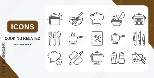 Cooking kitchen utensils line icon set with pot, pan and recipe outline vector symbols.