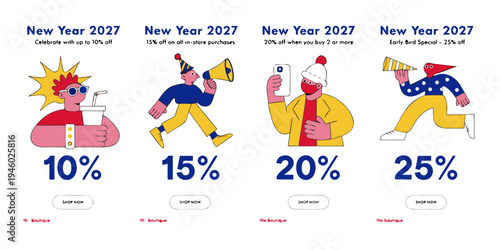 New Year 2027 Celebration Sale – Enjoy 10% to 25% Off with Fun Cartoon Characters | Festive Illustrations and Limited‑Time Holiday Discounts
