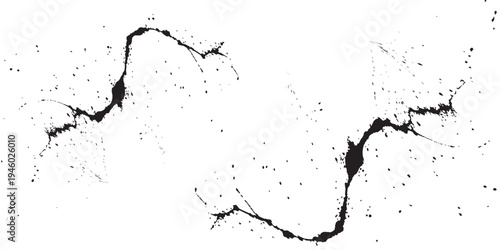 Dynamic black ink splash wave with grunge cracks and scratches isolated on transparent background, abstract liquid paint splatter flow, artistic brush stroke motion design element for modern creative 