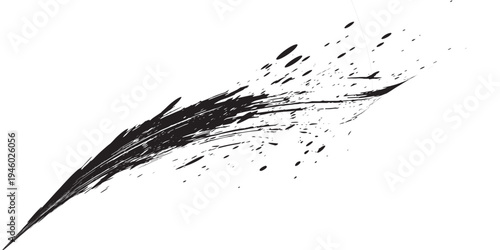 Abstract black paint brush stroke with ink splatter isolated on transparent background, dynamic grunge brush swipe, artistic hand drawn paint streak design element for banners, textures and creative c