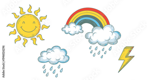Set of 4 weather icons vector, sun, clouds, rainbow, lightning