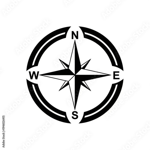 A black and white graphic illustration of a compass rose showing the cardinal directions North, South, East, and West.