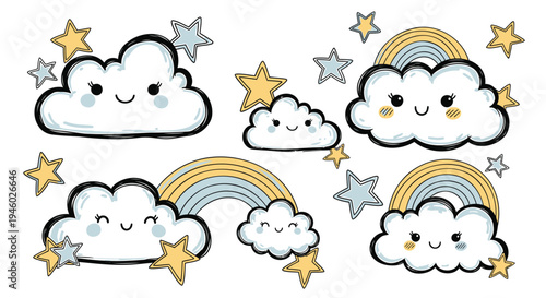 Set of 6 cute cloud icons with rainbow and star vector