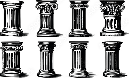 Bold black and white vector graphics showcase various classical columns. The robust pillars feature detailed capitals from different ancient architectural orders.