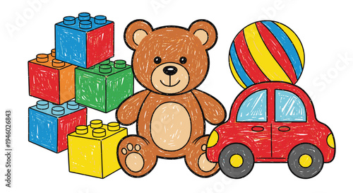 Vector illustration of a teddy bear with gifts, car and ball