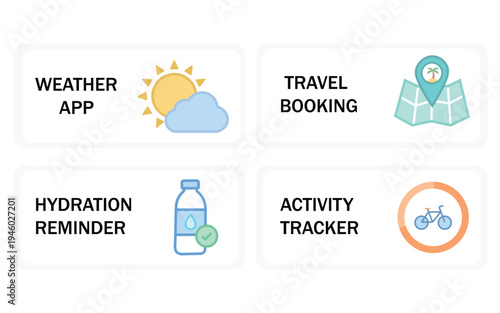 Summer Digital Workflow App Interface Set with Weather Travel Booking Hydration Reminder and Activity Tracker UI Icons