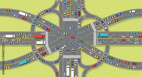 Complex Highway Interchange with Heavy Traffic Flow Illustration.