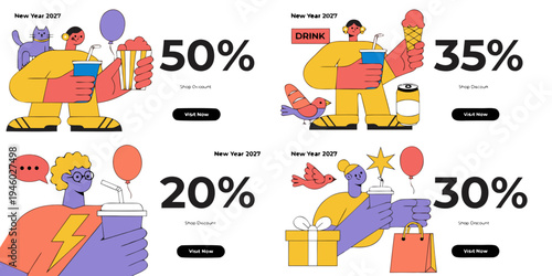 New Year 2027 Sale – Save 20% to 50% with Fun Cartoon Characters | Bright Festive Illustrations and Limited‑Time Holiday Discounts