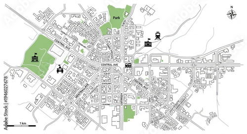 Detailed City Map with Green Spaces and Key Landmarks.