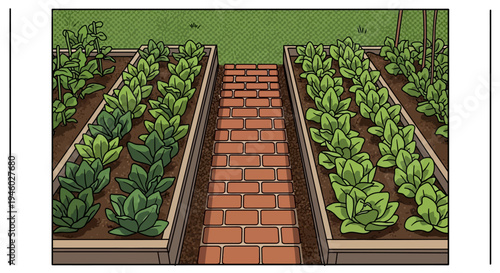 Raised garden beds with lush greens and brick pathway in a comic art style