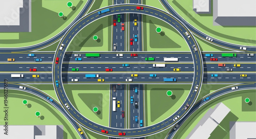 Aerial View of a Busy Highway Interchange with Traffic.