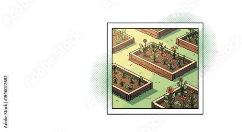 Raised garden beds with flowers and vegetables in soft pastel colors