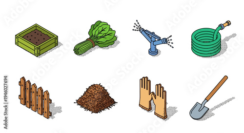 Isometric gardening tools: hose, shovel, gloves, sprinkler, raised bed, fence, compost