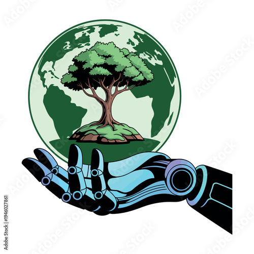 A robotic hand cradling a globe with a tree on it
