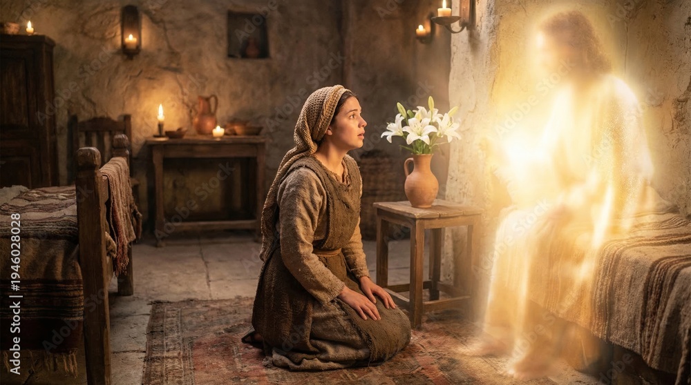 Fototapeta premium Woman kneeling before luminous figure of Jesus Christ in antique room. Biblical scene of annunciation or divine encounter. Religious art for Christian faith, church and worship concept.