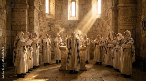 Group of Jewish men in tallit praying in front of stone altar inside ancient synagogue. Religious ceremony with incense and light rays. Sacred atmosphere of traditional worship ritual.