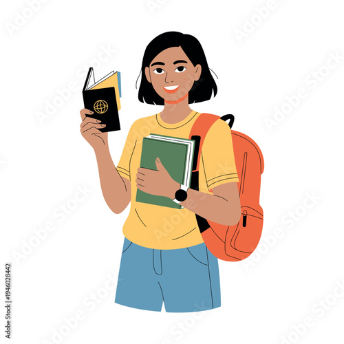 A young woman with a backpack and books smiling happily outdoors