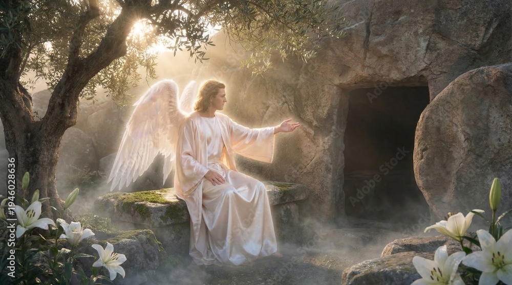 Naklejka premium Angel sitting by the open tomb of Jesus Christ. Biblical scene depicting the resurrection. Divine light and white lilies in a stone cave. Religious concept for Easter celebration.