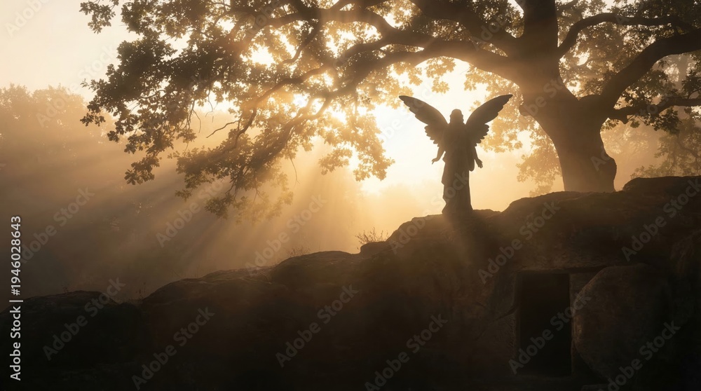 Obraz premium Silhouette of an angel standing on a rocky hill by the empty tomb. Religious scene representing resurrection of Jesus Christ. Spiritual concept of hope, faith and divine holy light.