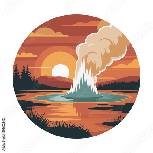 A vibrant illustration of a geyser erupting at sunset in a natural landscape