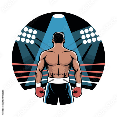 A muscular boxer stands confidently in the center of a boxing ring