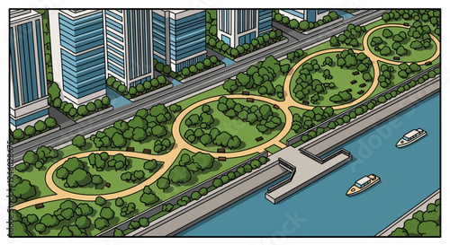 Isometric city park with pathways and river view in high detail urban setting