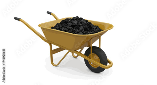 Yellow wheelbarrow filled with black coal on white background