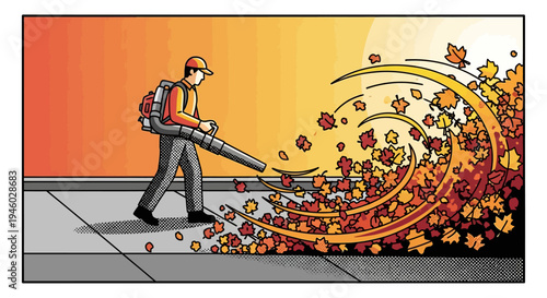Autumn worker clearing leaves with blower in bold stylized art