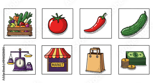 Pop art grocery icons: vegetables, fruits, and market elements in retro style
