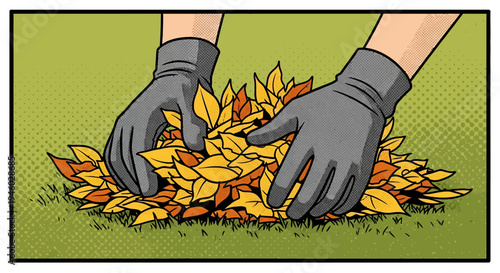 Pop art style hands collecting autumn leaves on grass