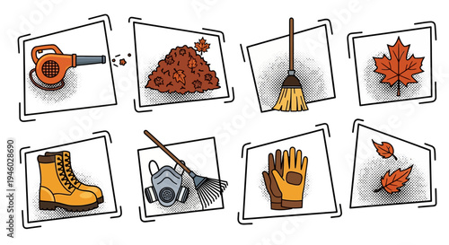 Autumn yard cleanup icons featuring tools and leaf symbols with modern design