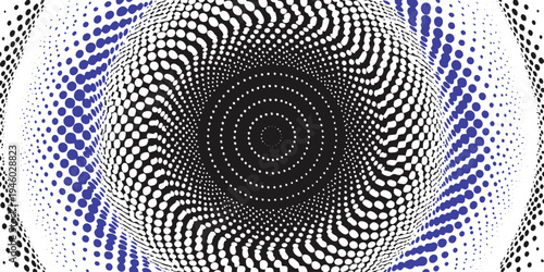 Monochrome halftone pattern with radial dots and optical distortions