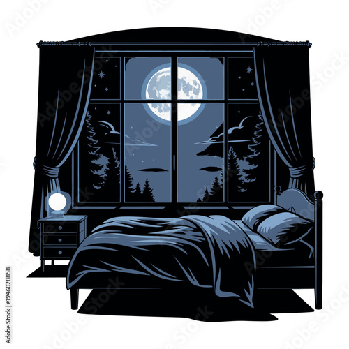 A serene bedroom scene with a large window showing a moonlit night