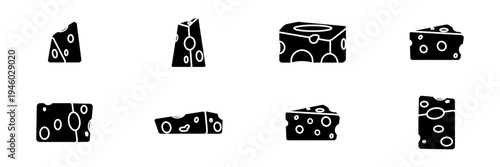 Silhouette cheese icon collection representing dairy food slices and snack ingredients.