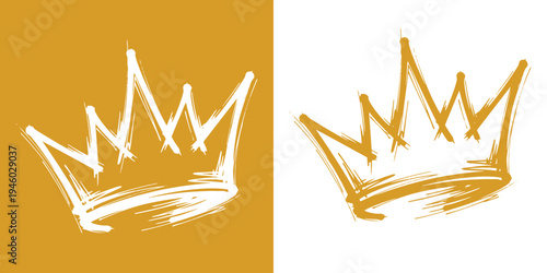 A graphic design featuring two stylized crown logos side by side on contrasting orange and white backgrounds