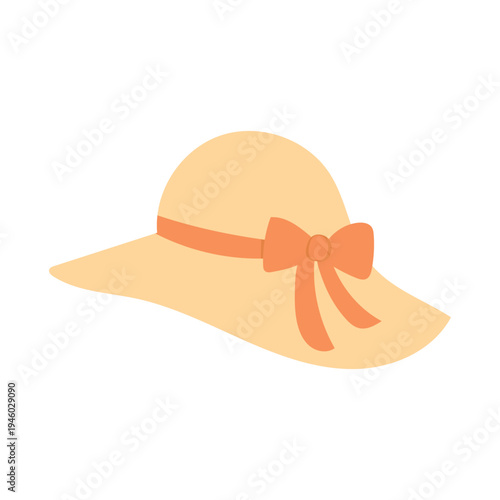 Wide brim straw sunhat with ribbon bow, minimalist summer fashion accessory illustration perfect for beach vacation graphics, travel blog design, seaside lifestyle content and sunny holiday themes