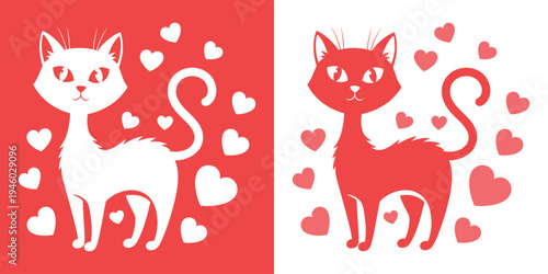 Valentine's day illustration of two cats surrounded by hearts