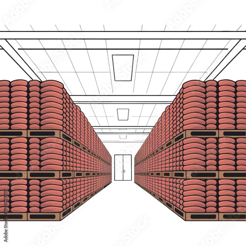 An illustration of a large warehouse storing bags of cement on pallets
