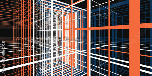 Abstract three dimensional grid structure with blue, orange, and white lines