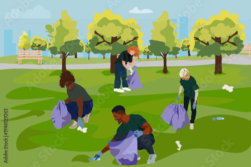 Diverse group of volunteers happily clean a park, picking up trash to promote eco friendly living and community activism on a sunny day