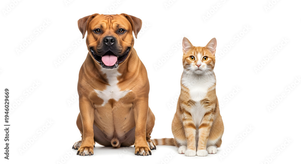 Obraz premium A brown dog and an orange cat sitting side by side on transparent background