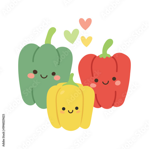 Happy bell pepper cartoon vegetables illustration with green red yellow colors, healthy nutrition theme for vegan cooking blogs, fresh produce articles and children food education