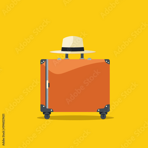 Bright Orange Suitcase with Elegant Panama Hat on Top Against a Vivid Yellow Background for a Stylish Travel Concept