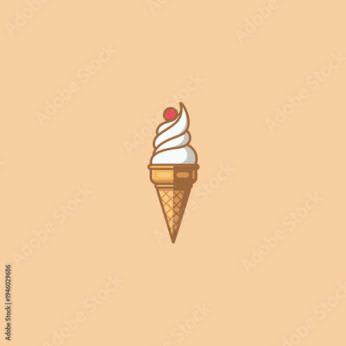 Illustration of a Soft Serve Cone with a Cherry Topping Against a Minimalist Beige Background Capturing the Essence of Simplicity and Sweetness